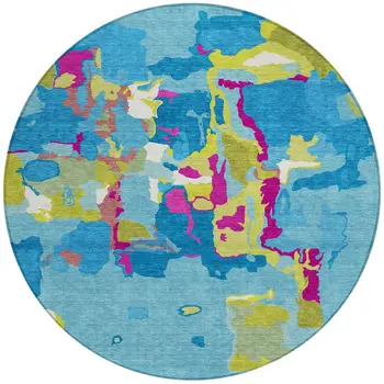 8' Aqua Green And Pink Round Abstract Washable Indoor Outdoor Area Rug