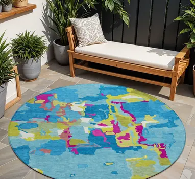 8' Aqua Green And Pink Round Abstract Washable Indoor Outdoor Area Rug