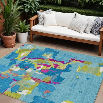 9' X 12' Aqua Green And Pink Abstract Washable Indoor Outdoor Area Rug