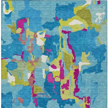 9' X 12' Aqua Green And Pink Abstract Washable Indoor Outdoor Area Rug