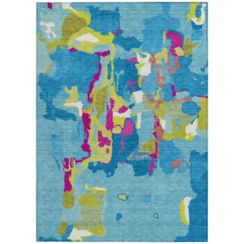 9' X 12' Aqua Green And Pink Abstract Washable Indoor Outdoor Area Rug