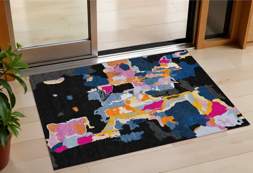 3' X 5' Black Blue And Pink Abstract Washable Indoor Outdoor Area Rug