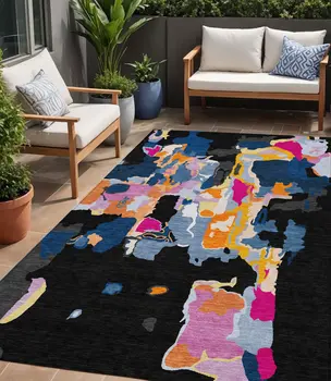 5' X 8' Black Blue And Pink Abstract Washable Indoor Outdoor Area Rug