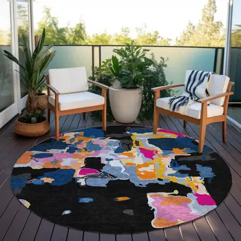 8' Black Blue And Pink Round Abstract Washable Indoor Outdoor Area Rug