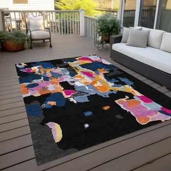 8' X 10' Black Blue And Pink Abstract Washable Indoor Outdoor Area Rug