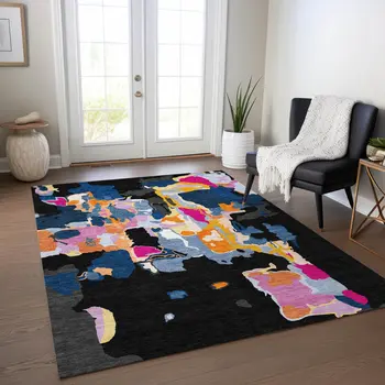 8' X 10' Black Blue And Pink Abstract Washable Indoor Outdoor Area Rug
