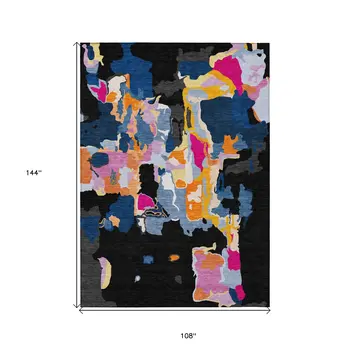 9' X 12' Black Blue And Pink Abstract Washable Indoor Outdoor Area Rug