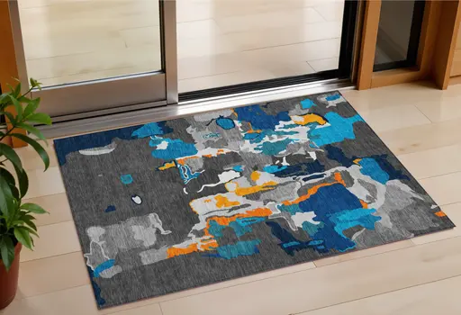 3' X 5' Charcoal Copper And Teal Blue Abstract Washable Indoor Outdoor Area Rug