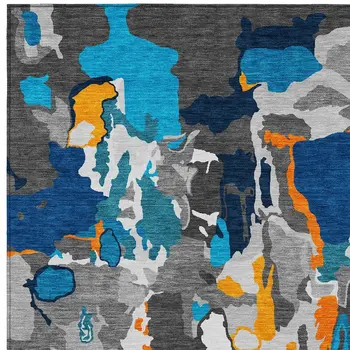 3' X 5' Charcoal Copper And Teal Blue Abstract Washable Indoor Outdoor Area Rug