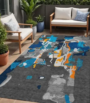 5' X 8' Charcoal Copper And Teal Blue Abstract Washable Indoor Outdoor Area Rug
