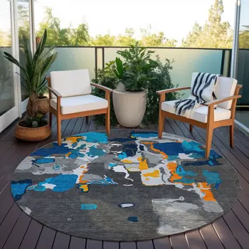 8' Charcoal Copper And Teal Blue Round Abstract Washable Indoor Outdoor Area Rug