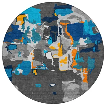 8' Charcoal Copper And Teal Blue Round Abstract Washable Indoor Outdoor Area Rug