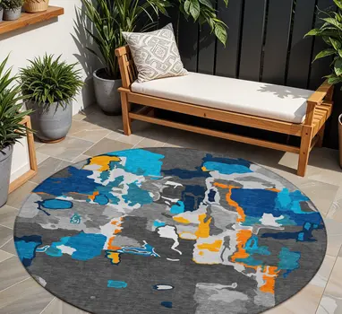 8' Charcoal Copper And Teal Blue Round Abstract Washable Indoor Outdoor Area Rug