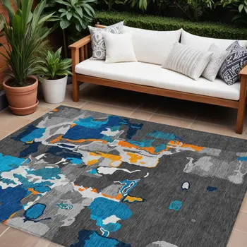 9' X 12' Charcoal Copper And Teal Blue Abstract Washable Indoor Outdoor Area Rug