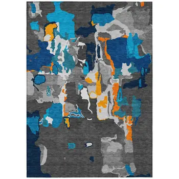 10' X 14' Charcoal Copper And Teal Blue Abstract Washable Indoor Outdoor Area Rug