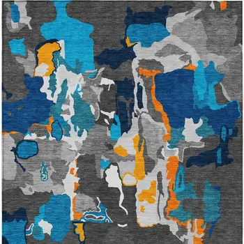 10' X 14' Charcoal Copper And Teal Blue Abstract Washable Indoor Outdoor Area Rug