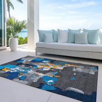 10' X 14' Charcoal Copper And Teal Blue Abstract Washable Indoor Outdoor Area Rug