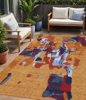 5' X 8' Copper Gray And Burgundy Abstract Washable Indoor Outdoor Area Rug
