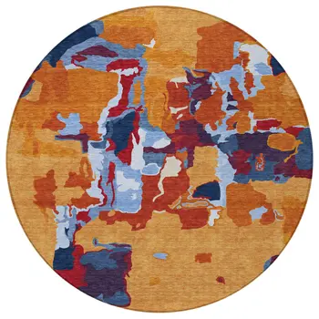8' Copper Gray And Burgundy Round Abstract Washable Indoor Outdoor Area Rug
