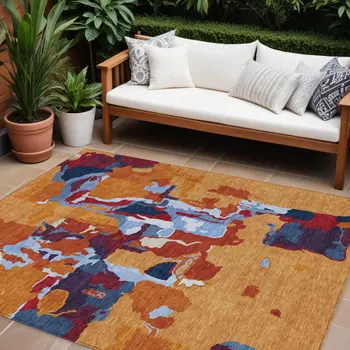 8' X 10' Copper Gray And Burgundy Abstract Washable Indoor Outdoor Area Rug
