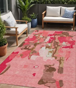 5' X 8' Coral Pink And Brown Abstract Washable Indoor Outdoor Area Rug