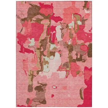 9' X 12' Coral Pink And Brown Abstract Washable Indoor Outdoor Area Rug