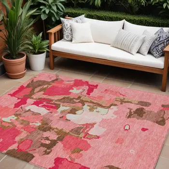 10' X 14' Coral Pink And Brown Abstract Washable Indoor Outdoor Area Rug