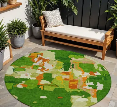 8' Green Copper And Brown Round Abstract Washable Indoor Outdoor Area Rug