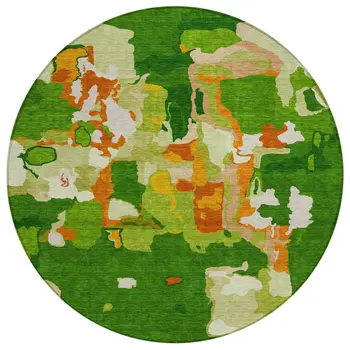 8' Green Copper And Brown Round Abstract Washable Indoor Outdoor Area Rug