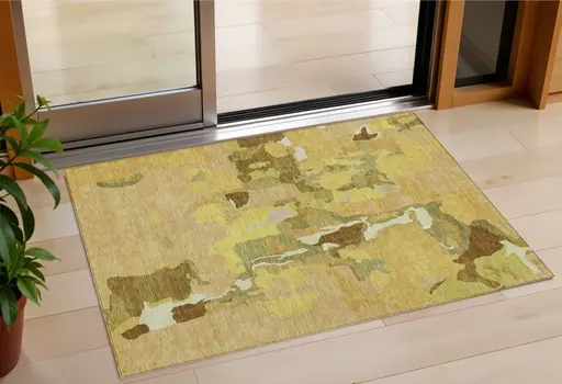 3' X 5' Gold Brown And Green Abstract Washable Indoor Outdoor Area Rug