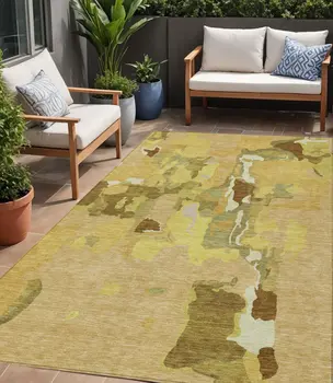 5' X 8' Gold Brown And Green Abstract Washable Indoor Outdoor Area Rug