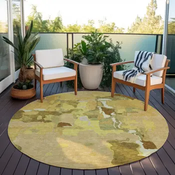 8' Gold Brown And Green Round Abstract Washable Indoor Outdoor Area Rug