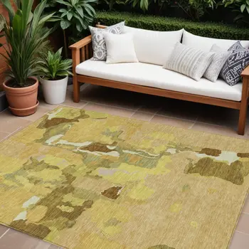 10' X 14' Gold Brown And Green Abstract Washable Indoor Outdoor Area Rug