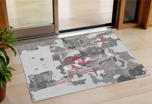 3' X 5' Gray Charcoal And Pink Abstract Washable Indoor Outdoor Area Rug