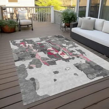 3' X 5' Gray Charcoal And Pink Abstract Washable Indoor Outdoor Area Rug