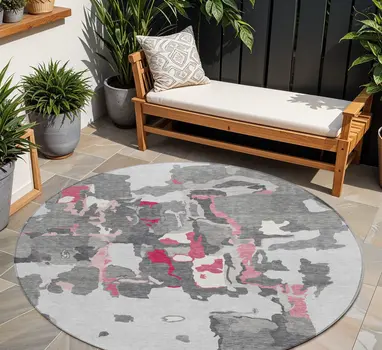 8' Gray Charcoal And Pink Round Abstract Washable Indoor Outdoor Area Rug