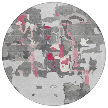 8' Gray Charcoal And Pink Round Abstract Washable Indoor Outdoor Area Rug
