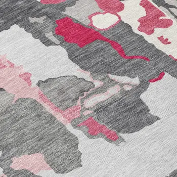 8' Gray Charcoal And Pink Round Abstract Washable Indoor Outdoor Area Rug