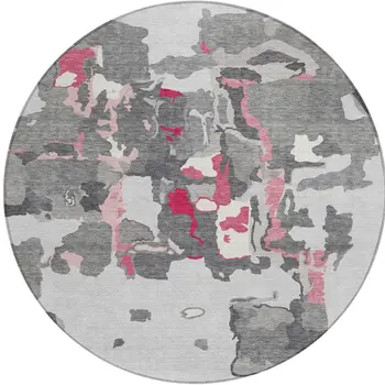 8' Gray Charcoal And Pink Round Abstract Washable Indoor Outdoor Area Rug