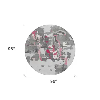 8' Gray Charcoal And Pink Round Abstract Washable Indoor Outdoor Area Rug