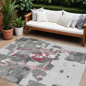 8' X 10' Gray Charcoal And Pink Abstract Washable Indoor Outdoor Area Rug