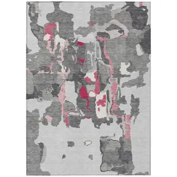 9' X 12' Gray Charcoal And Pink Abstract Washable Indoor Outdoor Area Rug
