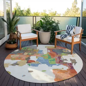 8' Ivory Pink And Green Round Abstract Washable Indoor Outdoor Area Rug