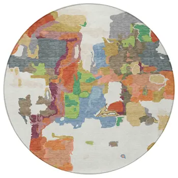 8' Ivory Pink And Green Round Abstract Washable Indoor Outdoor Area Rug