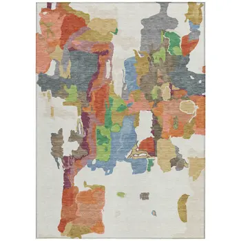 9' X 12' Ivory Pink And Green Abstract Washable Indoor Outdoor Area Rug