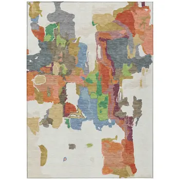 10' X 14' Ivory Pink And Green Abstract Washable Indoor Outdoor Area Rug