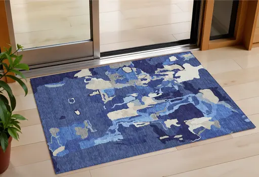 3' X 5' Navy Blue Ivory And Gray Abstract Washable Indoor Outdoor Area Rug
