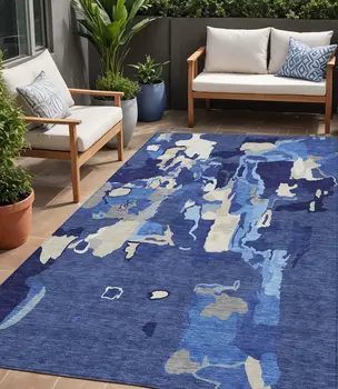 5' X 8' Navy Blue Ivory And Gray Abstract Washable Indoor Outdoor Area Rug