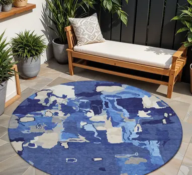 8' Navy Blue Ivory And Gray Round Abstract Washable Indoor Outdoor Area Rug