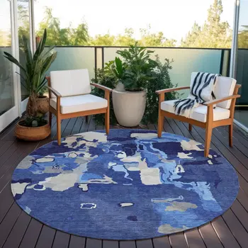 8' Navy Blue Ivory And Gray Round Abstract Washable Indoor Outdoor Area Rug